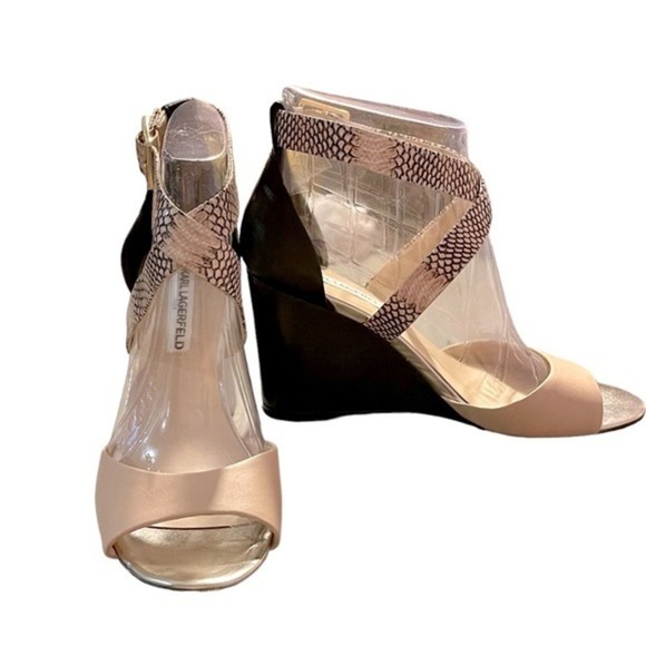 Karl Lagerfeld Shoes - Karl Lagerfeld 9.5 Wedge Leather Cross Strap Sandals Neutral Beige and Black